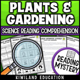 Plants and gardening reading mystery comprehension questions worksheet with suspect line-up