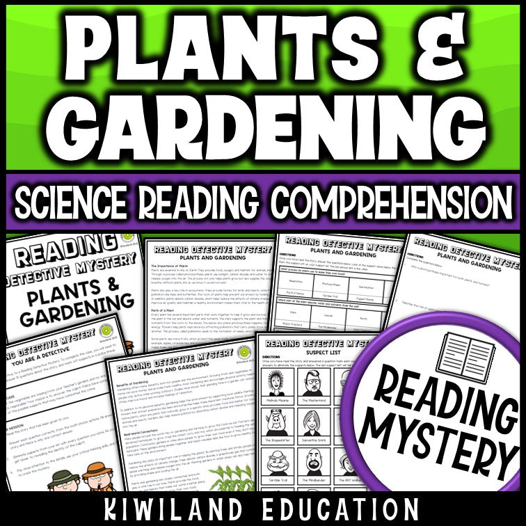 Plants and gardening reading mystery comprehension activity cover for grades 3-6