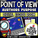 Point of view digital escape room cover, space-themed ELA activity for grades 3–6