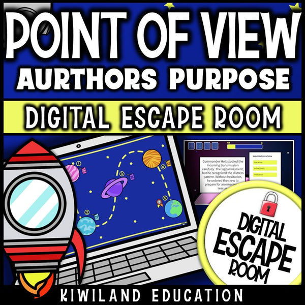 Point of view digital escape room cover, space-themed ELA activity for grades 3–6