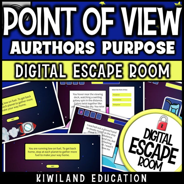 Interactive reading activity with animated point of view and author's purpose challenges