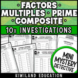 Prime and composite numbers practice pages with factor pairs and multiples cases, answer keys and a certificate of achievement