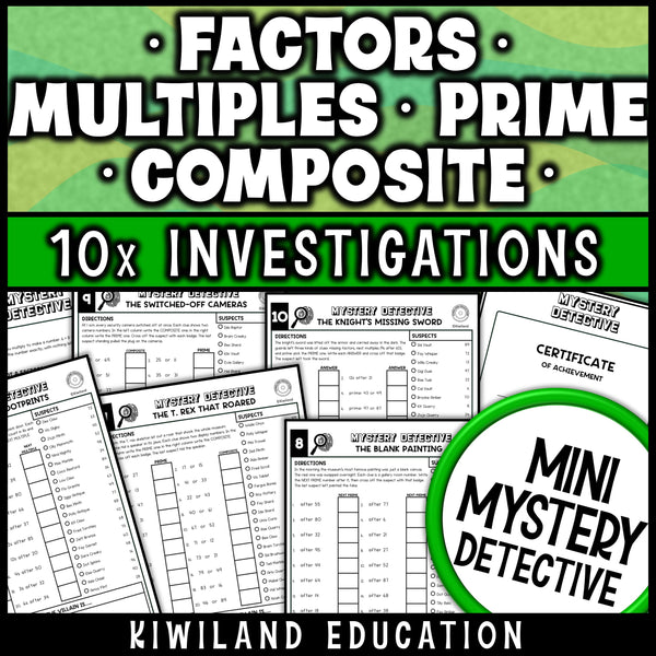 Prime and composite numbers practice pages with factor pairs and multiples cases, answer keys and a certificate of achievement