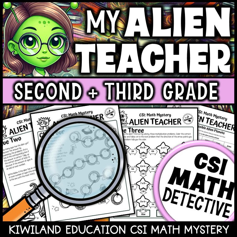 Printable alien detective worksheets with a times tables maze and clue elimination