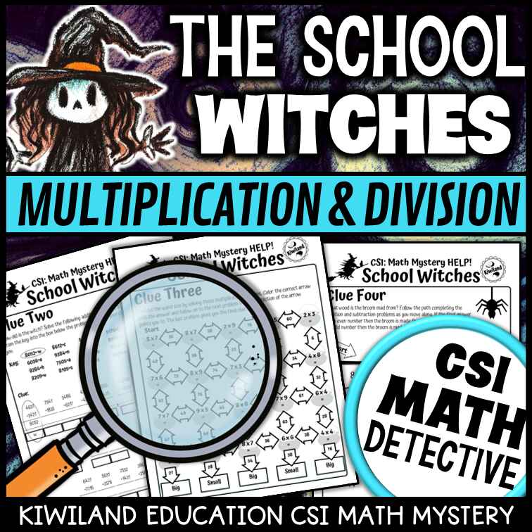 Halloween math mystery suspect elimination activity for 4th and 5th grade printable worksheets