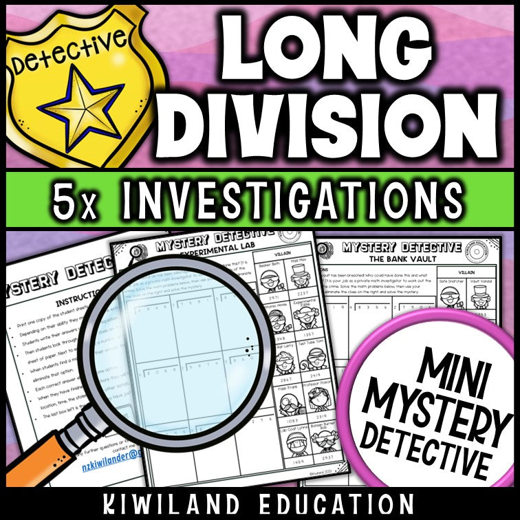 Printable no-prep division detective cases with answer keys
