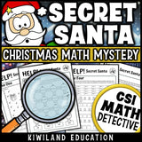 Printable Secret Santa detective worksheets with suspect elimination for grades 3 and 4