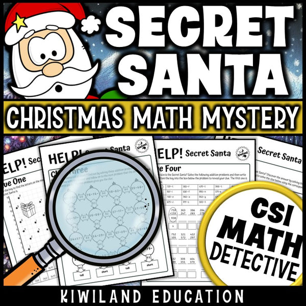 Printable Secret Santa detective worksheets with suspect elimination for grades 3 and 4