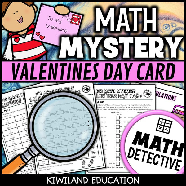 Printable Valentine's detective worksheets with suspect elimination for 3rd and 4th grade