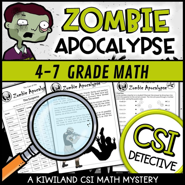 Printable zombie detective worksheets with suspect elimination for 5th and 6th grade