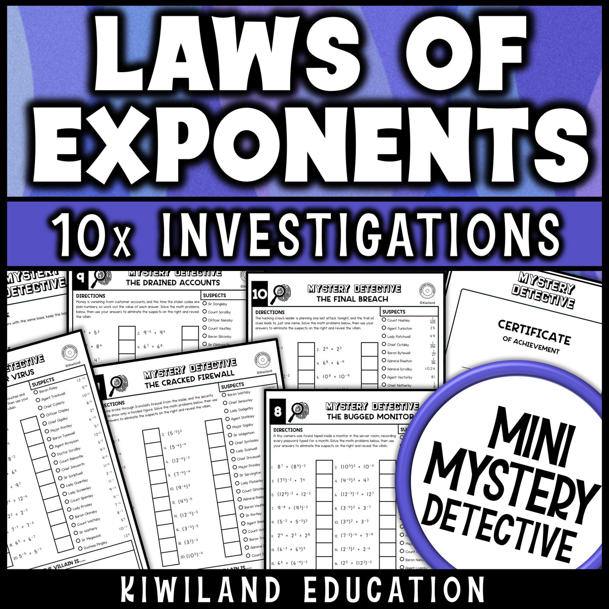 Properties of exponents practice pages covering the product, quotient and power rules, with answer keys for 8th grade