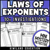 Properties of exponents practice pages covering the product, quotient and power rules, with answer keys for 8th grade