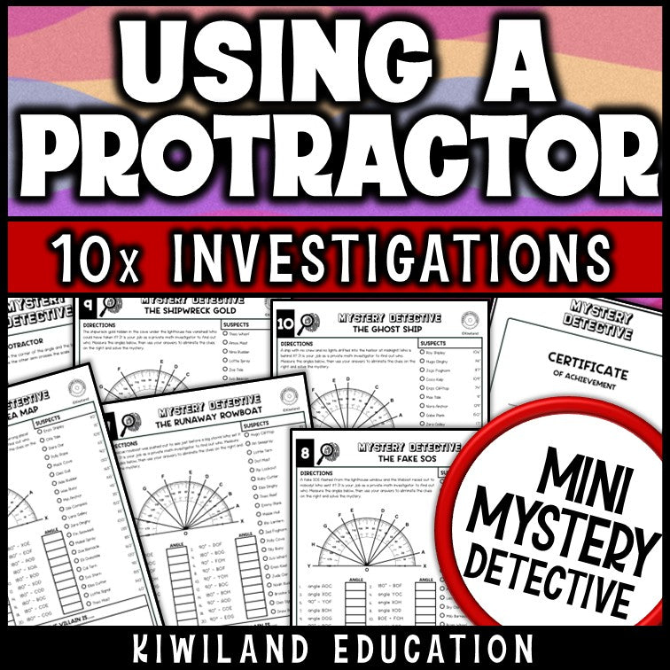 4th grade protractor practice pages with angles between two rays, angle addition and missing angles on a straight line, set in a lighthouse mystery