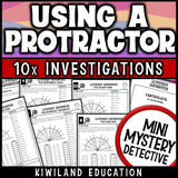 4th grade protractor practice pages with angles between two rays, angle addition and missing angles on a straight line, set in a lighthouse mystery