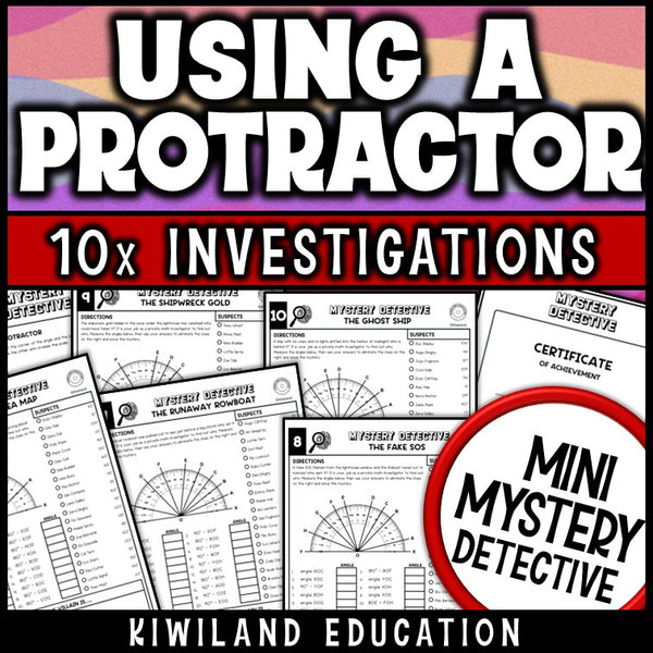 4th grade protractor practice pages with angles between two rays, angle addition and missing angles on a straight line, set in a lighthouse mystery