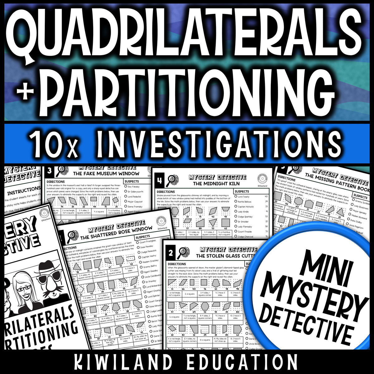 Quadrilaterals 3rd grade math worksheets with partitioning shapes, ten no prep stained glass detective cases