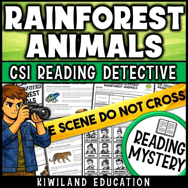 Rainforest animals science reading mystery cover for grades 3-6