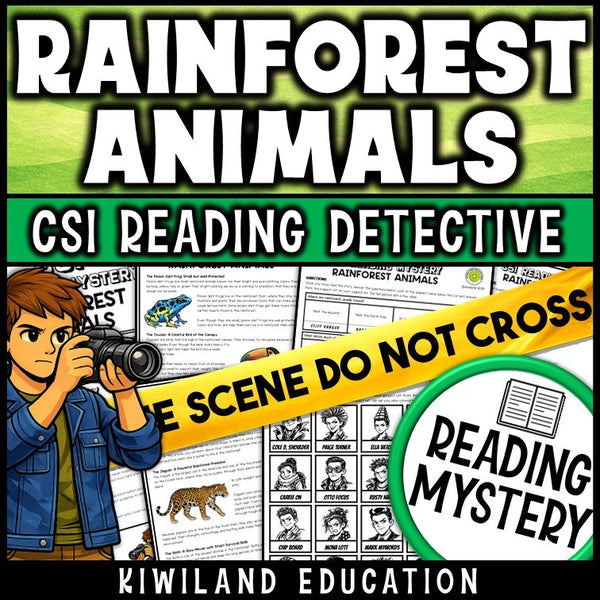 Rainforest animals science reading mystery cover for grades 3-6