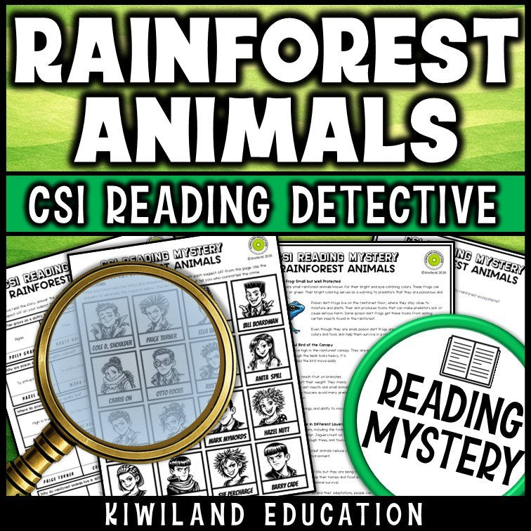 Rainforest animals reading mystery comprehension questions worksheet with suspect line-up