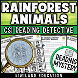 Rainforest animals reading mystery comprehension questions worksheet with suspect line-up