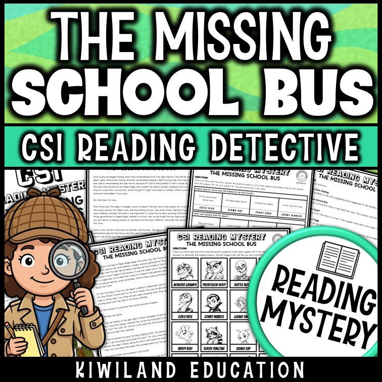 Reading comprehension passage and questions CSI reading mystery cover, The Missing School Bus, grades 3-5