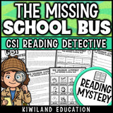 Reading comprehension passage and questions CSI reading mystery cover, The Missing School Bus, grades 3-5