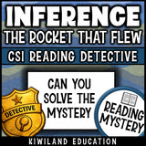 Reading detective mystery comprehension passage, no prep literacy center, space camp case