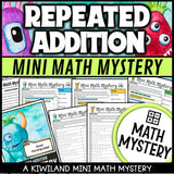Repeated addition with arrays and equal groups math mystery worksheets cover