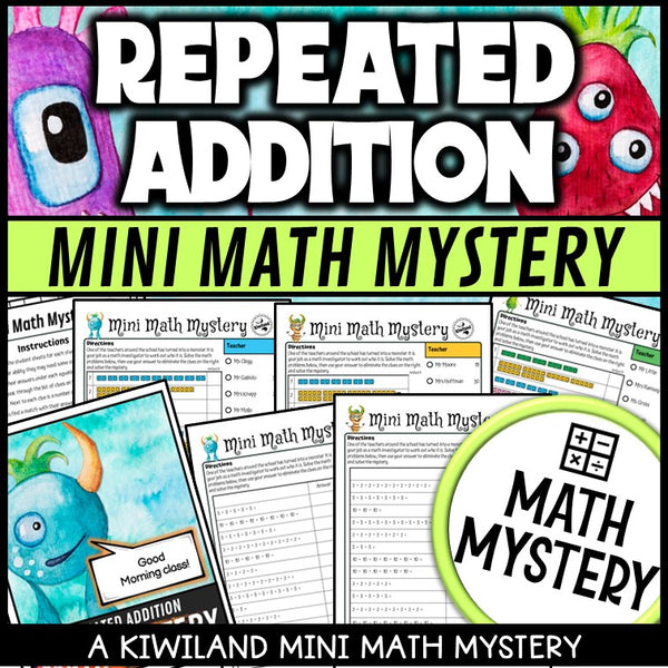 Repeated addition with arrays and equal groups math mystery worksheets cover