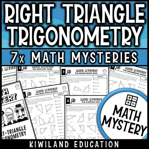 Right triangle trigonometry math mystery worksheets for geometry grades 9 to 11, no prep printable