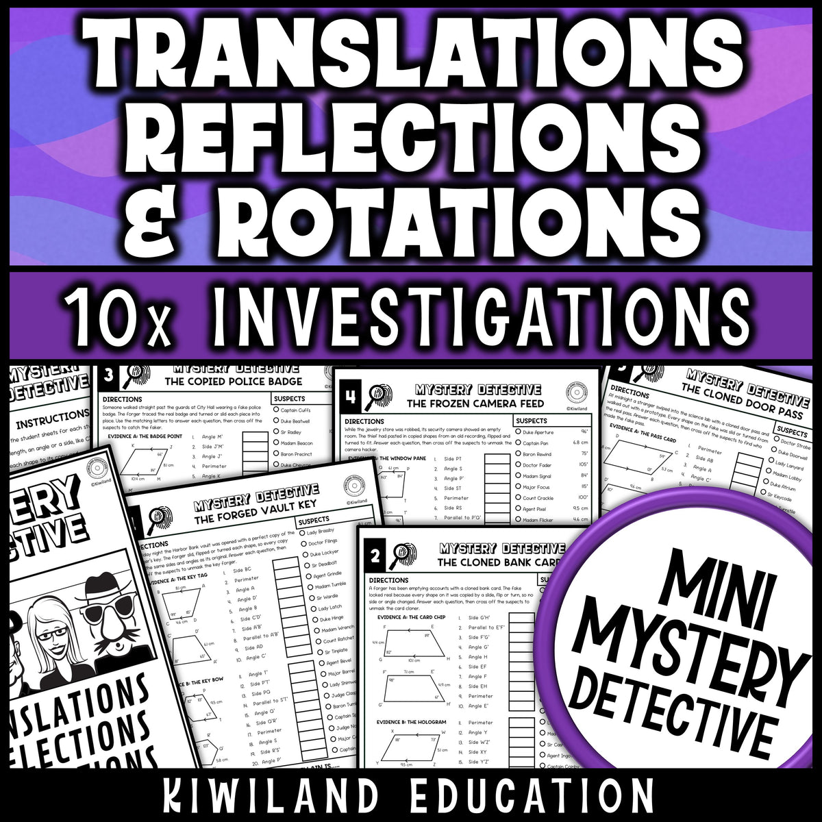Rigid transformations worksheets for 8th grade math with ten detective cases on translations, rotations and reflections