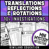 Rigid transformations worksheets for 8th grade math with ten detective cases on translations, rotations and reflections