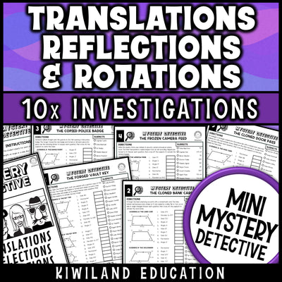 Rigid transformations worksheets for 8th grade math with ten detective cases on translations, rotations and reflections