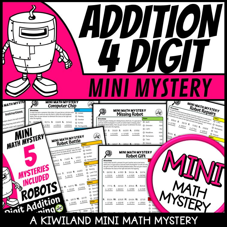 Robot 4-digit addition with regrouping math mystery worksheets cover