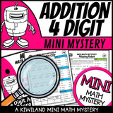 Robot 4-digit addition math mystery worksheet sample page