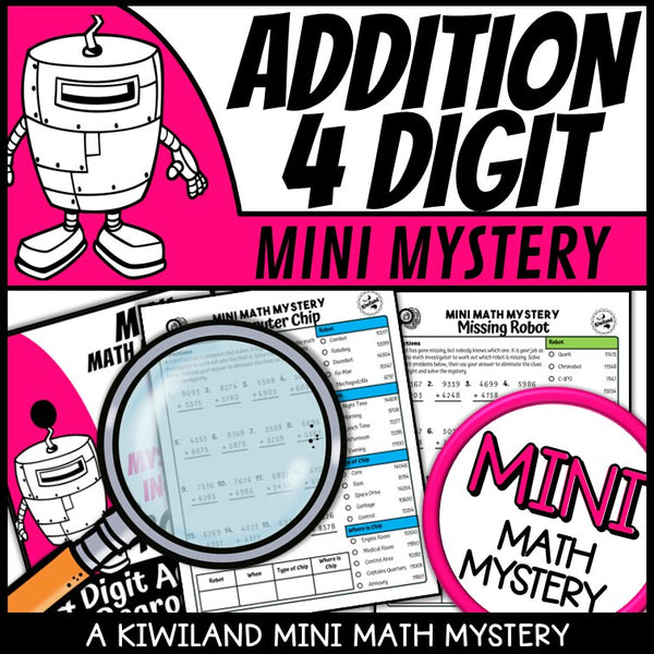 Robot 4-digit addition math mystery worksheet sample page