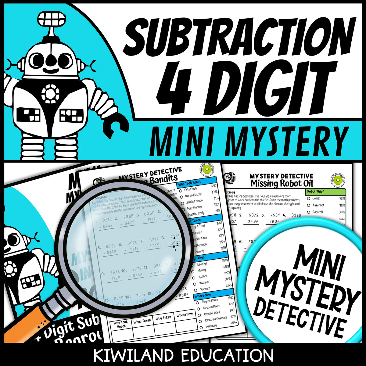 Robot themed subtraction pages with answer keys