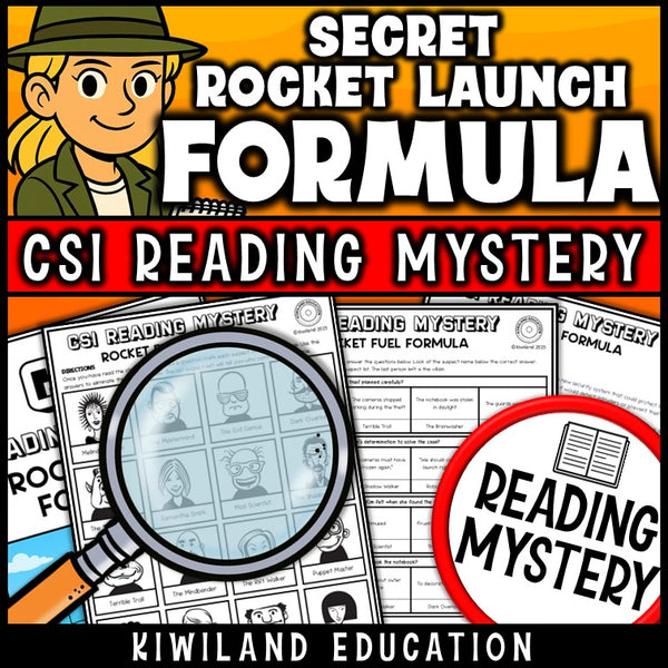 Rocket Launch Formula reading mystery comprehension questions worksheet with suspect line-up