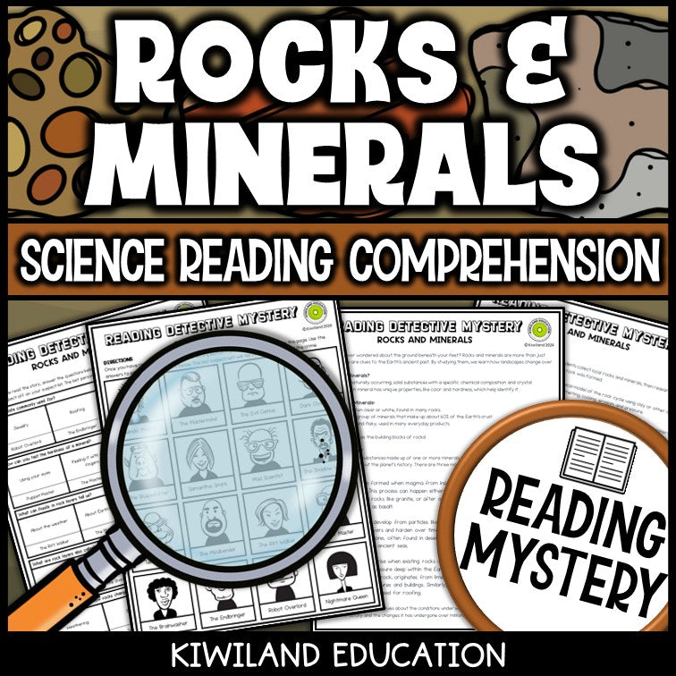 Rocks and minerals reading mystery comprehension questions worksheet with suspect line-up