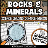 Rocks and minerals reading mystery comprehension questions worksheet with suspect line-up