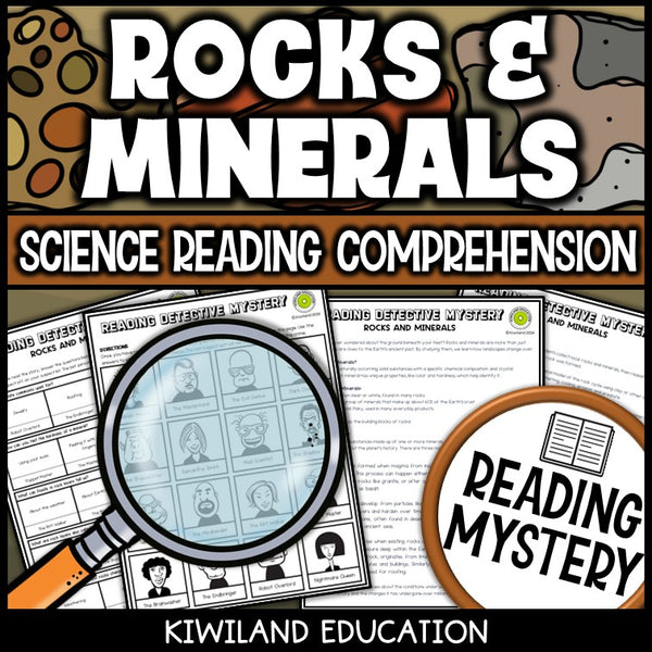 Rocks and minerals reading mystery comprehension questions worksheet with suspect line-up