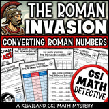 Roman Numerals CSI Math Mystery cover - The Roman Invasion, Grades 4-8 printable PDF