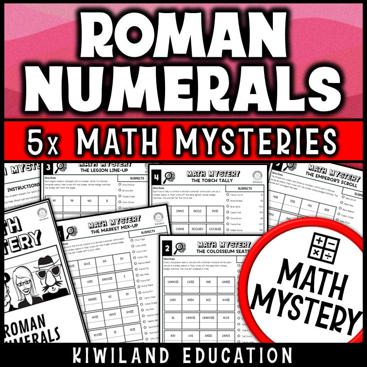 Roman numerals to numbers math mystery worksheets for grades 3-6