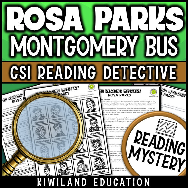 Rosa Parks reading mystery comprehension questions worksheet with suspect line-up