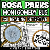Rosa Parks reading mystery comprehension questions worksheet with suspect line-up