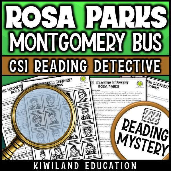 Rosa Parks reading mystery comprehension questions worksheet with suspect line-up