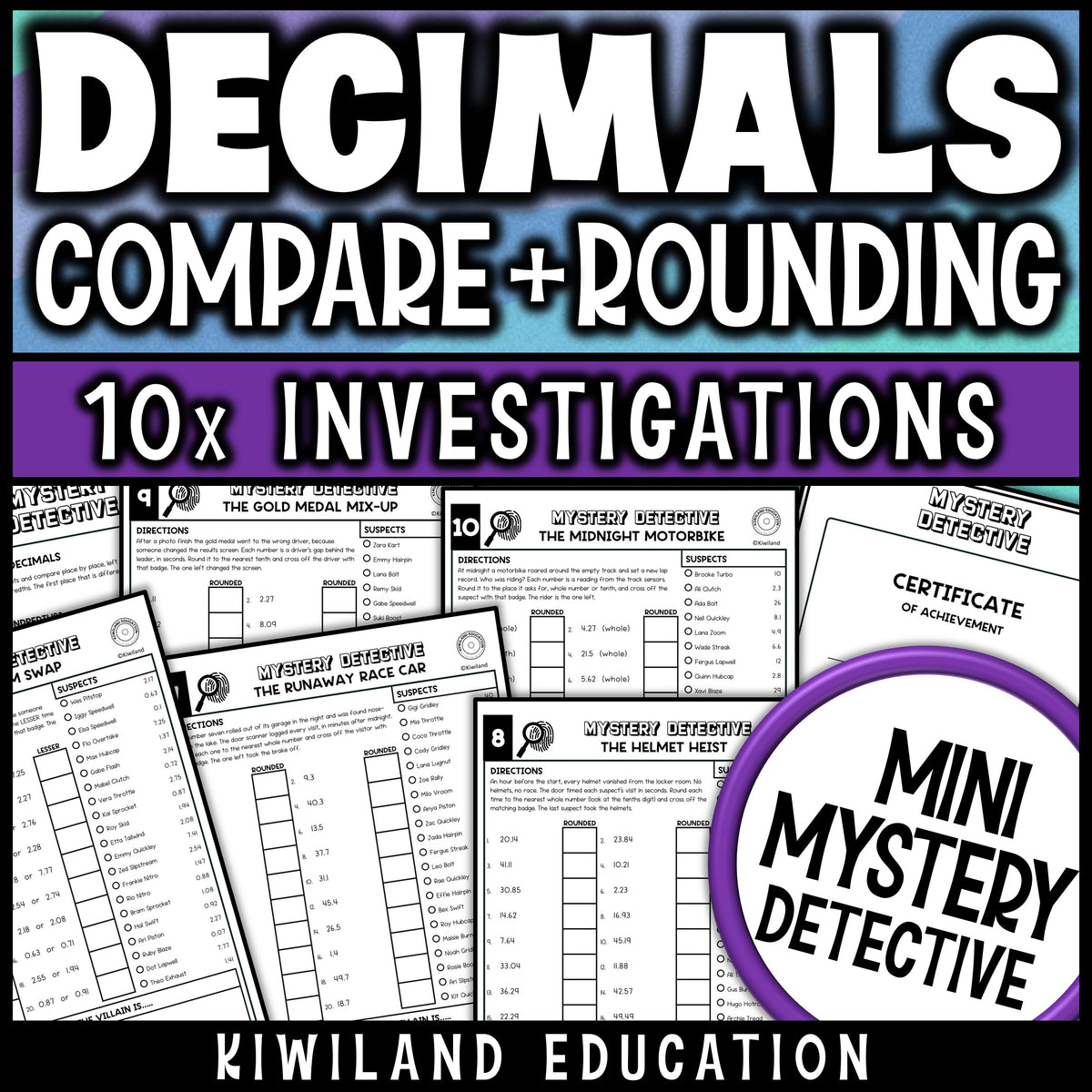 Rounding decimals to the nearest whole number and the nearest tenth practice pages for 5th grade, with a detective certificate of achievement, set at a Grand Prix race track