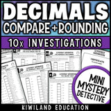 Rounding decimals to the nearest whole number and the nearest tenth practice pages for 5th grade, with a detective certificate of achievement, set at a Grand Prix race track