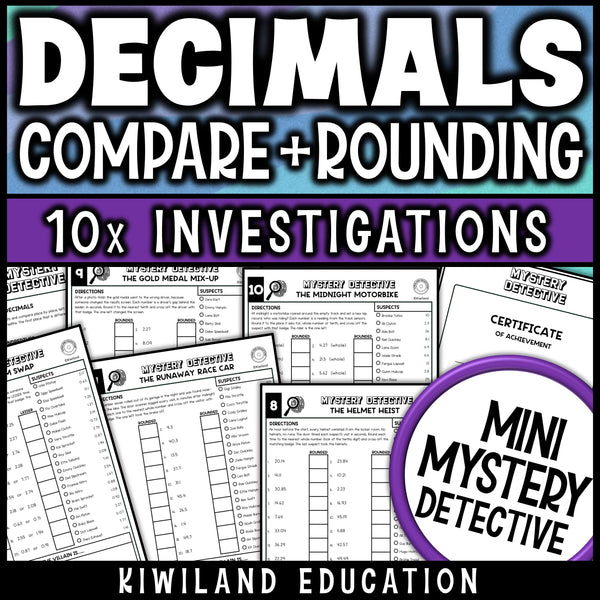 Rounding decimals to the nearest whole number and the nearest tenth practice pages for 5th grade, with a detective certificate of achievement, set at a Grand Prix race track
