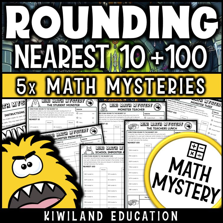 Rounding to the nearest 10 and 100 math mystery worksheets cover - monster theme